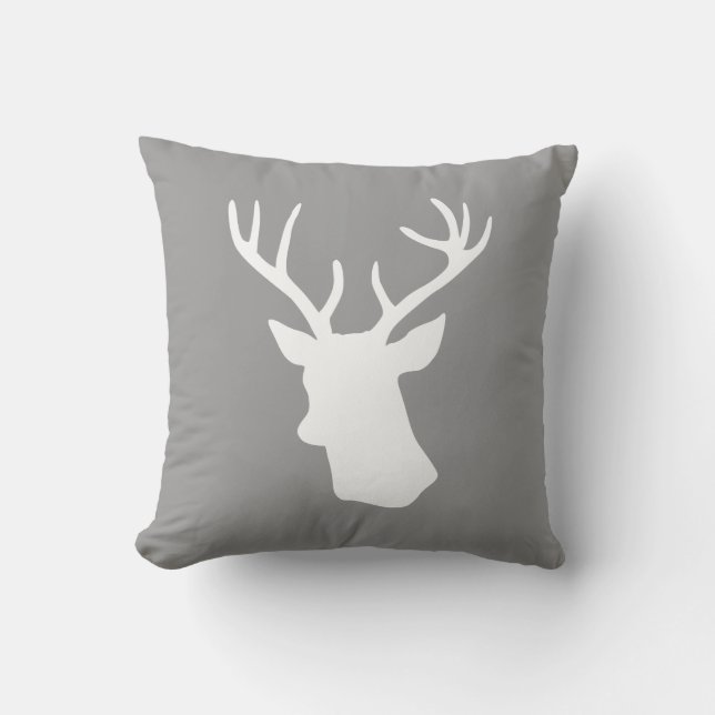 White Deer Head Silhouette - Grijs Kussen (Voorkant)