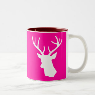 White Deer Head Silhouette - hot roze Tweekleurige Koffiemok