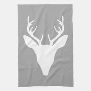 White Deer Head Silhouette op grijs Theedoek