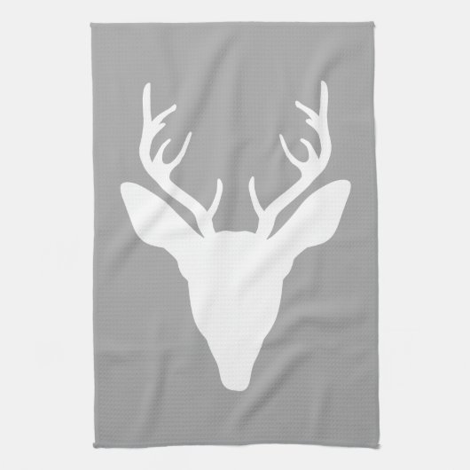 White Deer Head Silhouette op grijs Theedoek (Verticaal)