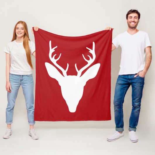 White Deer Head Silhouette op rood Fleece Deken (In situ)