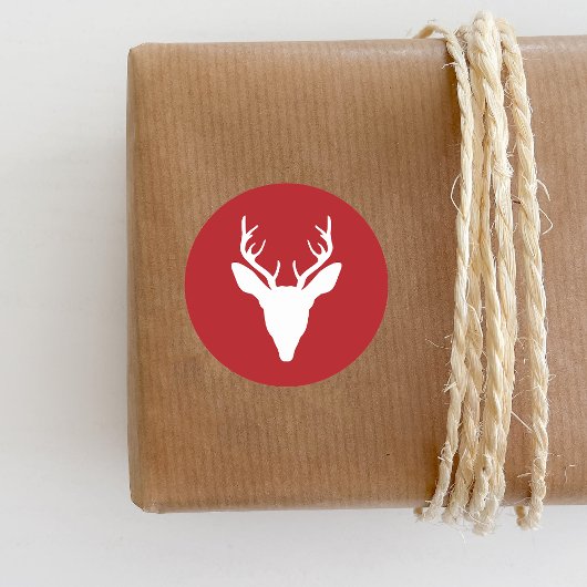White Deer Head Silhouette op rood Ronde Sticker