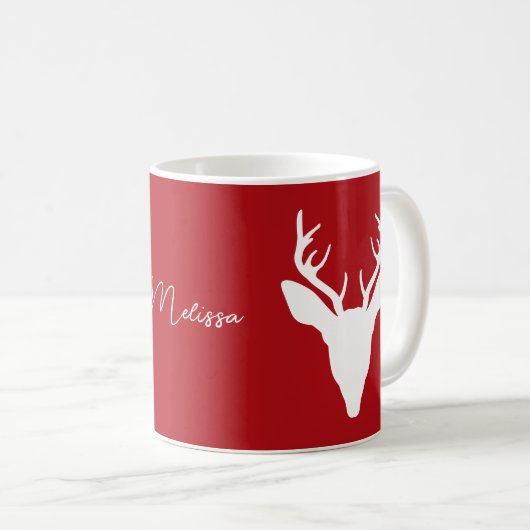 White Deer Head Silhouette (rood) met aangepaste n Koffiemok (Voorkant rechts)