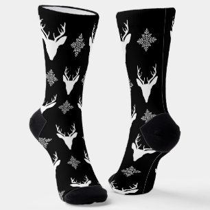 White Deer Head & Snowflakes op zwart Patroon Sokken