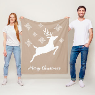 White Deer Shape on beige met sneeuwvlokken en tek Fleece Deken