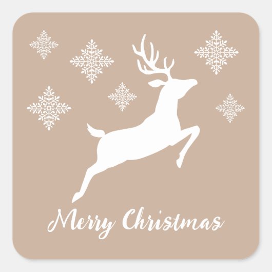 White Deer Shape on beige met sneeuwvlokken en tek Vierkante Sticker (Voorkant)