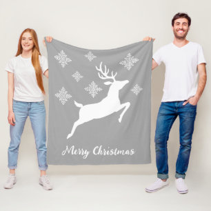 White Deer Shape on Grey met sneeuwvlokken en teks Fleece Deken