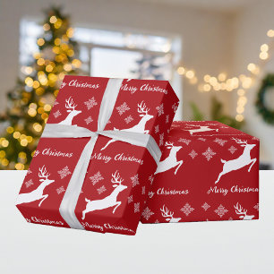 White Deer Shape on Red met sneeuwvlokken en tekst Cadeaupapier