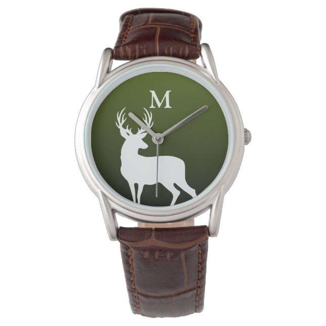 White Deer Silhouette Monogram Green Mannen Watch Horloge (Voorkant)