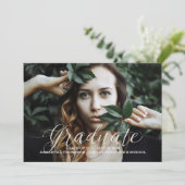 White Delicate Script Photo Afstuderen Aankondiging (Staand voorkant)