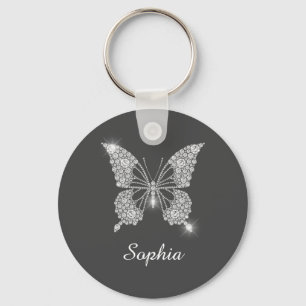White Diamond Butterfly, DIY Name, Dark Grey Sleutelhanger