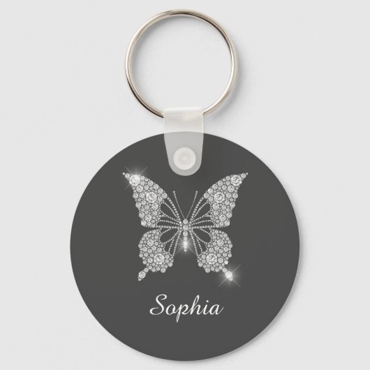 White Diamond Butterfly, DIY Name, Dark Grey Sleutelhanger (Voorkant)