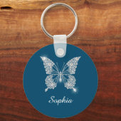 White Diamond Butterfly, DIY Name, Ocean Blue Sleutelhanger (Voorkant)