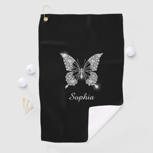White Diamond Butterfly, DIY Script Name, Black Golfhanddoek (Insitu)