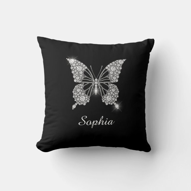 White Diamond Butterfly, DIY Script Name, Black Kussen (Voorkant)
