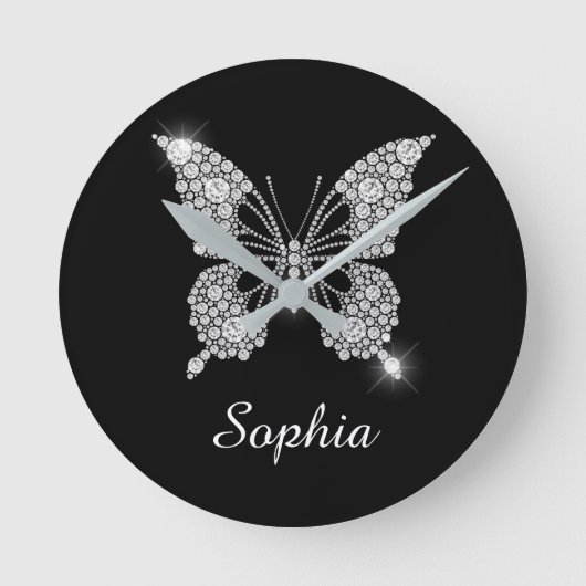 White Diamond Butterfly, DIY Script Name, Black Ronde Klok (Voorkant)