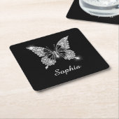 White Diamond Butterfly, DIY Script Name, Black Vierkante Kartonnen Onderzetter (Schuin)
