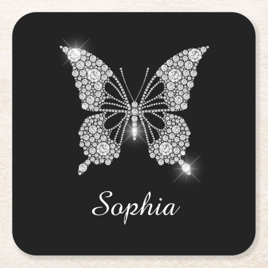 White Diamond Butterfly, DIY Script Name, Black Vierkante Kartonnen Onderzetter (Voorkant)
