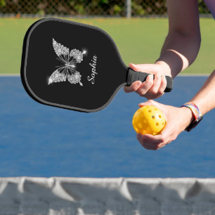 White Diamond Butterfly, Script Name, Black Pickleball Paddle