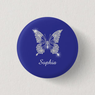 White Diamond Butterfly, Script Name, Deep Blue Ronde Button 3,2 Cm