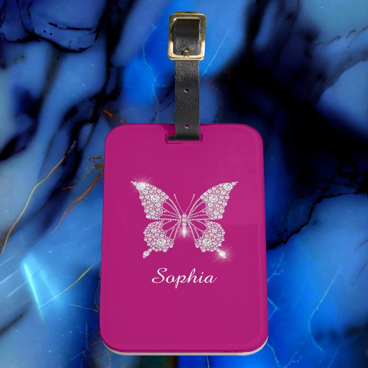White Diamond Butterfly, Script Name, Deep Fuchsia Bagagelabel