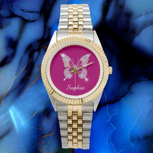 White Diamond Butterfly, Script Name, Deep Fuchsia Horloge