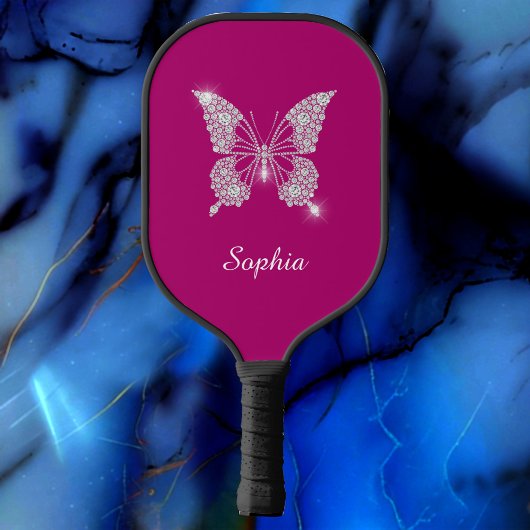 White Diamond Butterfly, Script Name, Deep Fuchsia Pickleball Paddle