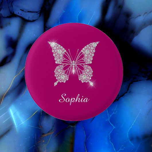 White Diamond Butterfly, Script Name, Deep Fuchsia Ronde Button 3,2 Cm