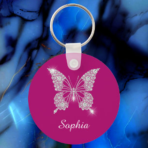 White Diamond Butterfly, Script Name, Deep Fuchsia Sleutelhanger