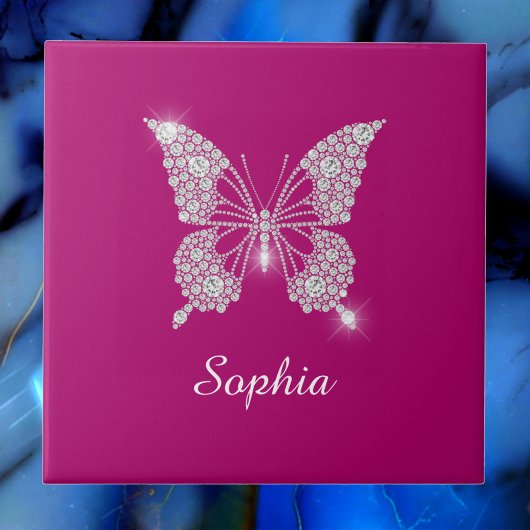 White Diamond Butterfly, Script Name, Deep Fuchsia Tegeltje