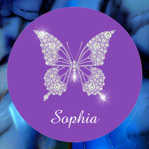White Diamond Butterfly, Script Name, Paars Ronde Sticker
