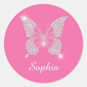 White Diamond Butterfly, Script Name, Pink Ronde Sticker