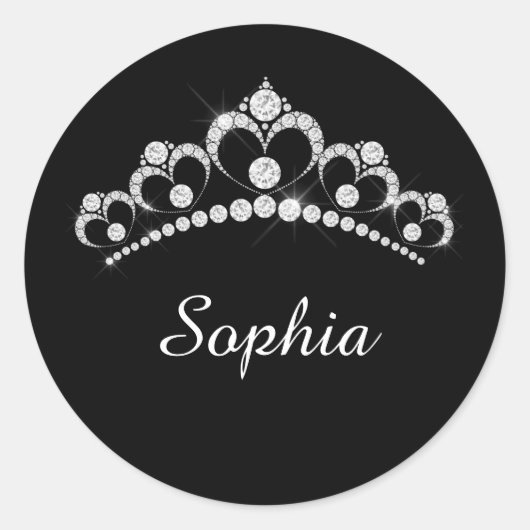 White Diamond Crown, DIY Script Name, Black Ronde Sticker (Voorkant)
