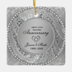 White Diamonds en Silver Damask 25 Jubileum Keramisch Ornament