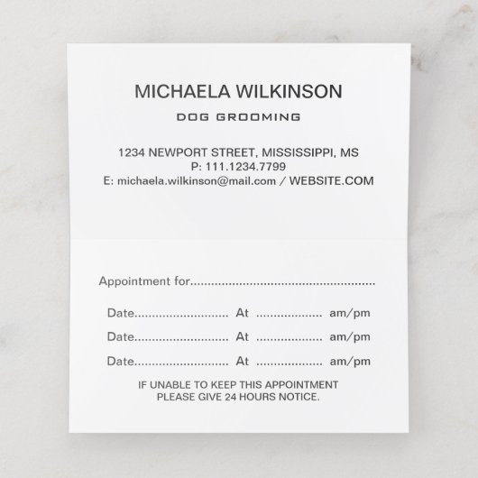 White Dog Paw on Black Pet Grooming Service Afsprakenkaart (Binnenkant ongevouwen)