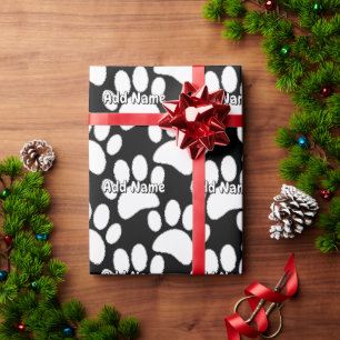White Dog Paw Print Aangepaste Naam Zwart Cadeaupapier
