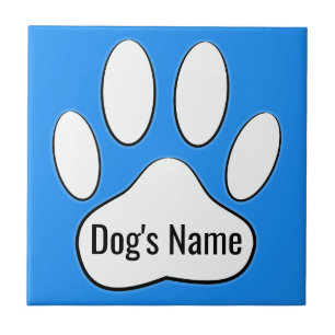 White Dog Paw Print On Blue Add Name Tile Tegeltje