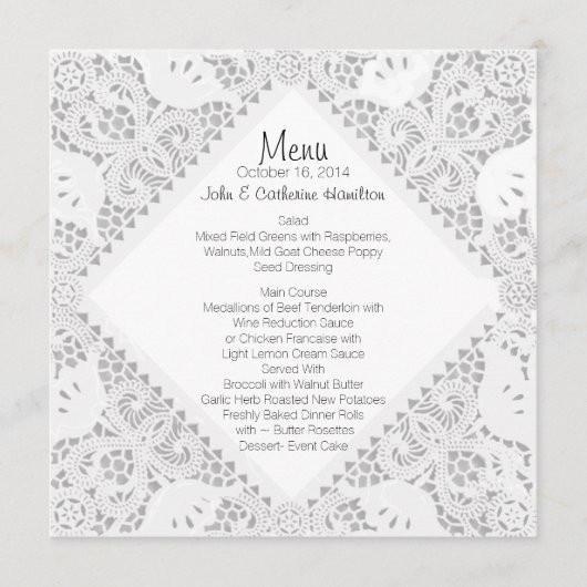 White Doily look Custom Wedding Menu (Voorkant)