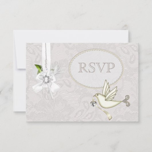 White Dove Paisley Lace & Cameo Bow Mariage RSVP (Devant)