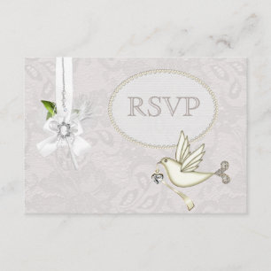 White Dove Paisley Lace & Cameo Bow RSVP Wedding
