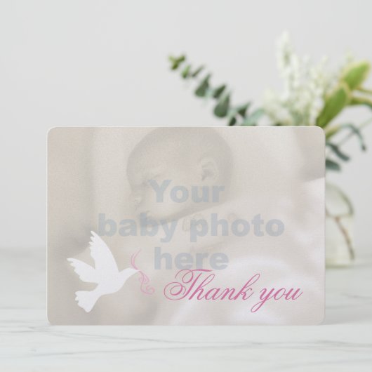 White dove roze meiden baptisme foto bedankt! bedankkaart (Staand voorkant)