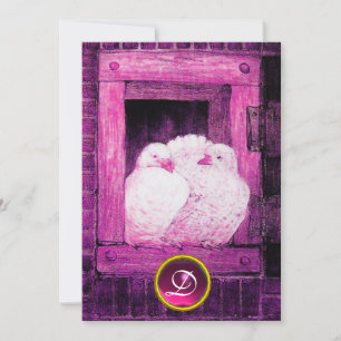 WHITE DOVES IN PINK PAARSE WINDOW WEDDING MONOGRAM KAART