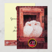 WHITE DOVES IN RED WINDOW WEDDING GEM MONOGRAM KAART (Voorkant / Achterkant)