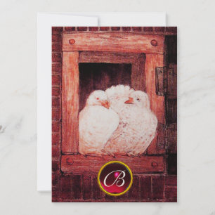 WHITE DOVES IN RED WINDOW WEDDING GEM MONOGRAM KAART