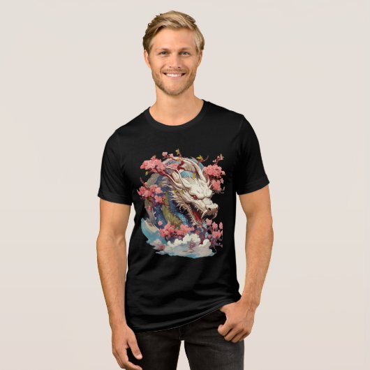 White Dragon with Blossoms Fantasy Art Tri-Blend Shirt (Voorkant volledig)
