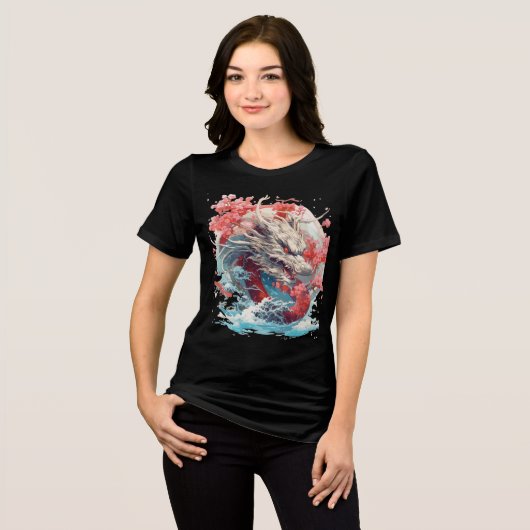 White Dragon with Waves and Sakura Tri-Blend Shirt (Voorkant volledig)