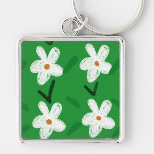White Drawn Floral Pattern Flower Art Pattern Aest Sleutelhanger (Voorkant)