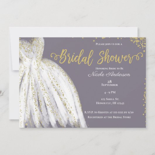 White Dress Gold Glitter Paarse Grijs Vrijgezellen Kaart (Voorkant)