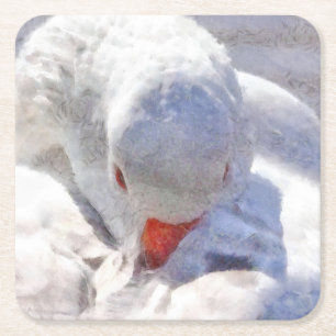White Duck Preening Art Vierkante Kartonnen Onderzetter