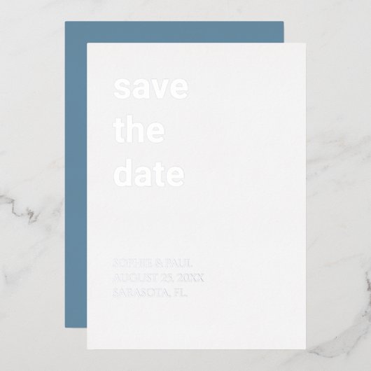 White Dusty Blue Save the Date Silver Folie Uitnodiging (Voorkant / Achterkant)